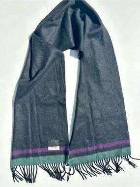 Jill Stuart 100% Cashmere Fringed Scarf with Green & Purple Stripe, 65”x12”